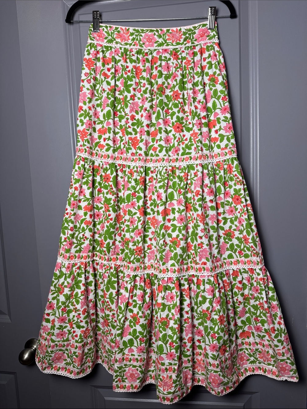 Pink City Prints Floral Tiered Maxi Skirt XS